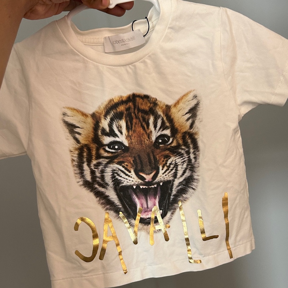 Roberto Cavalli Kids White Tee with Tiger and Gold Accents